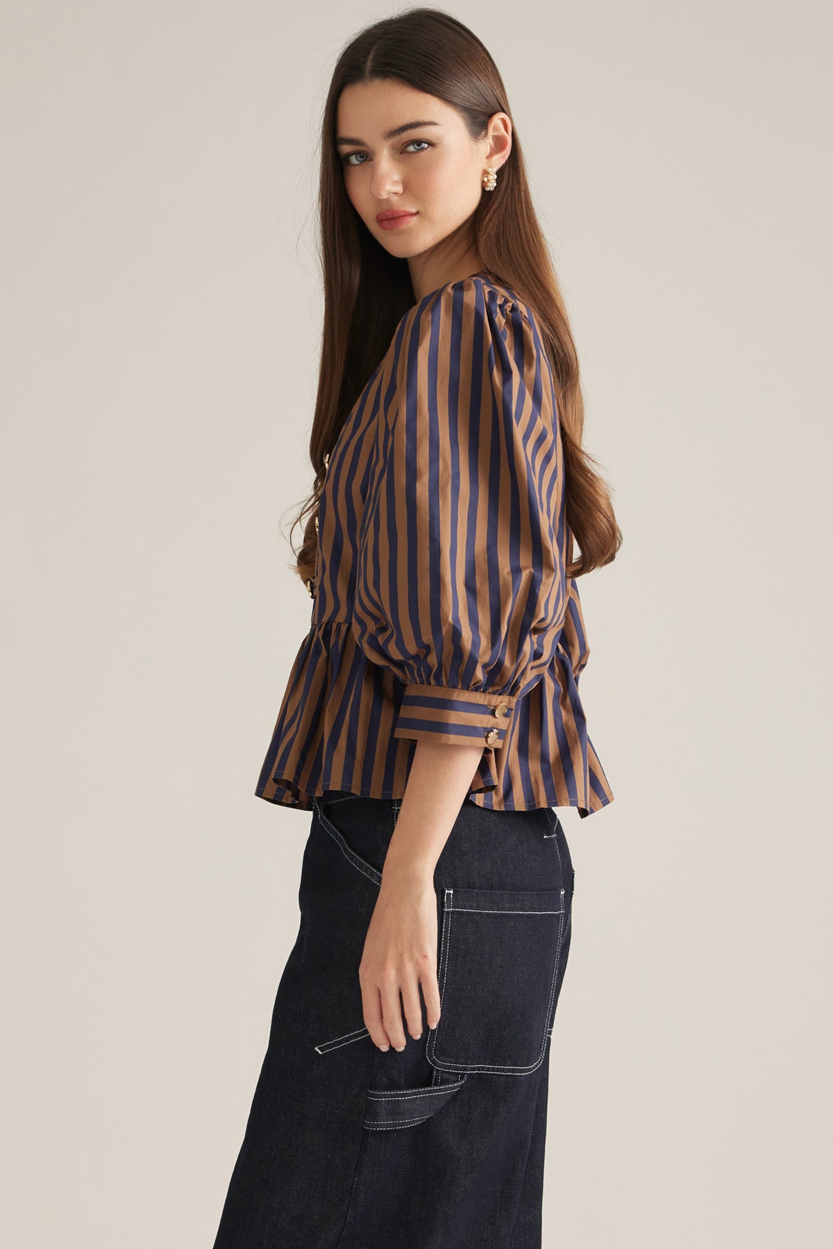Entro Stripe Blouse Navy and Brown