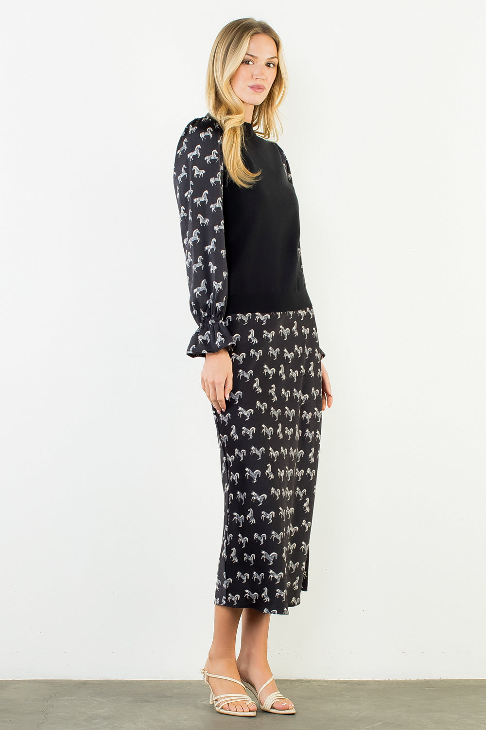 THML Horse Print Sweater with Satin Sleeves