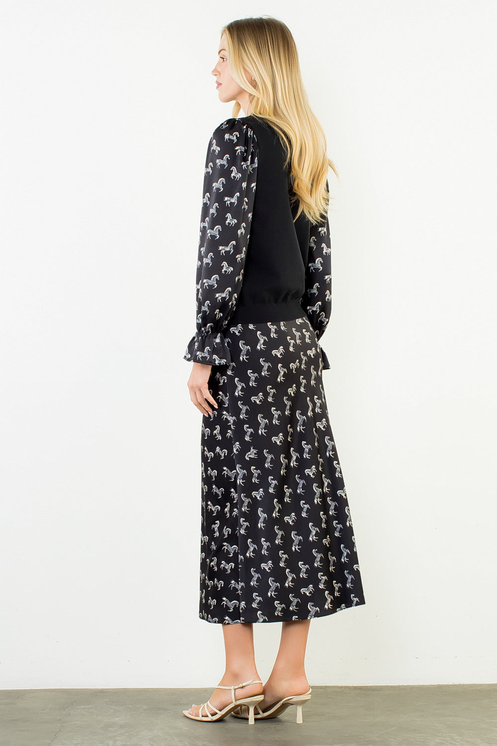 THML Horse Print Sweater with Satin Sleeves