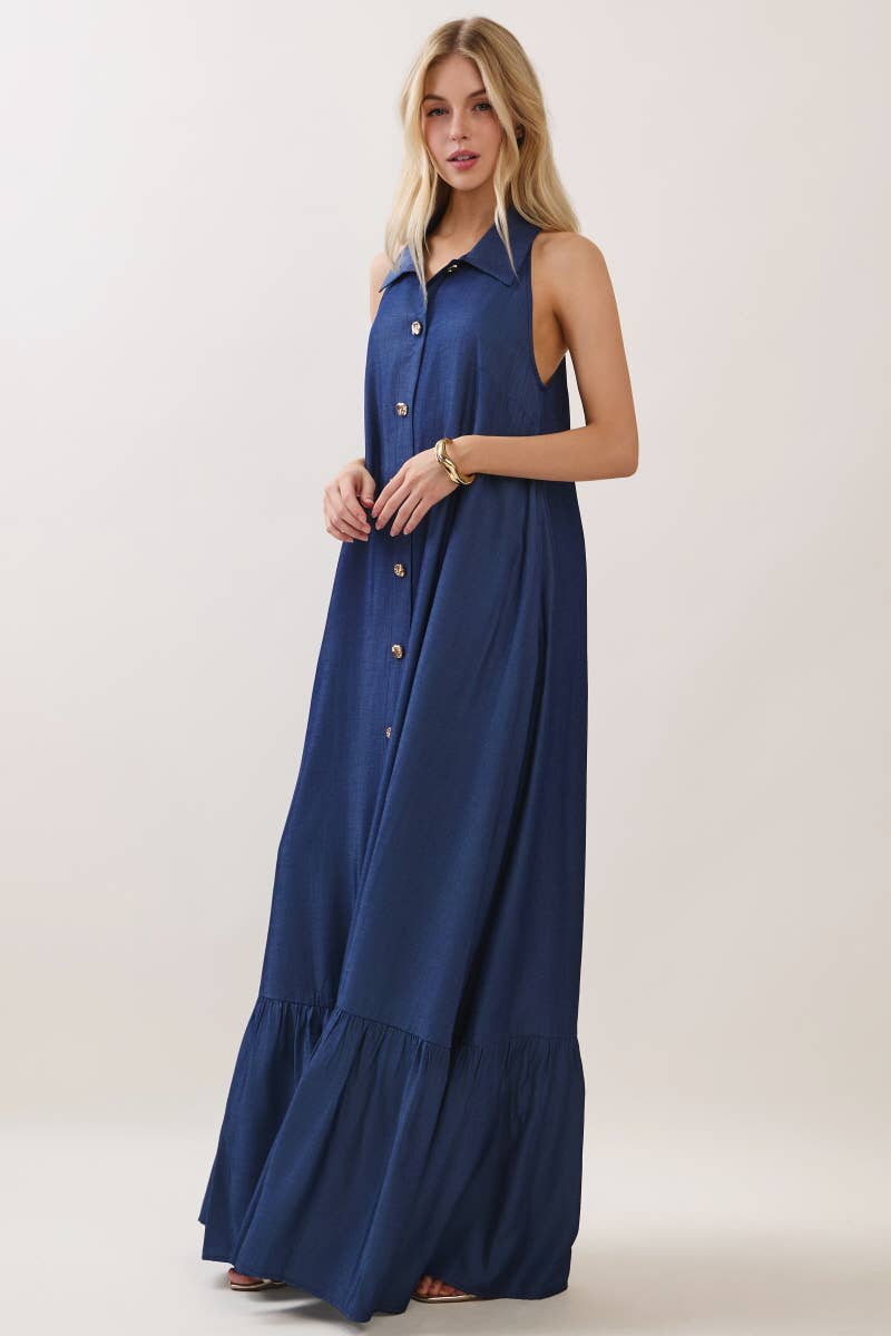 Solid Sleeveless Button Down Maxi Dress Denim Blue