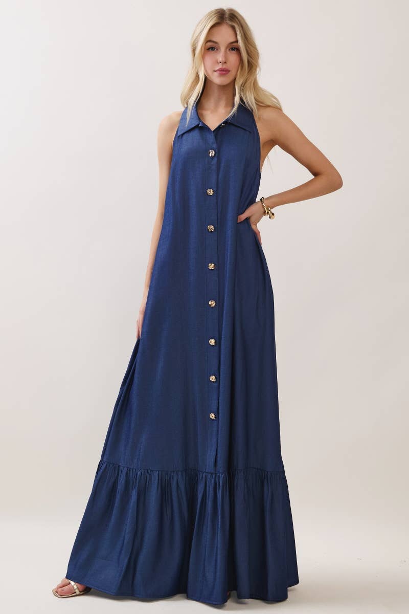 Solid Sleeveless Button Down Maxi Dress Denim Blue