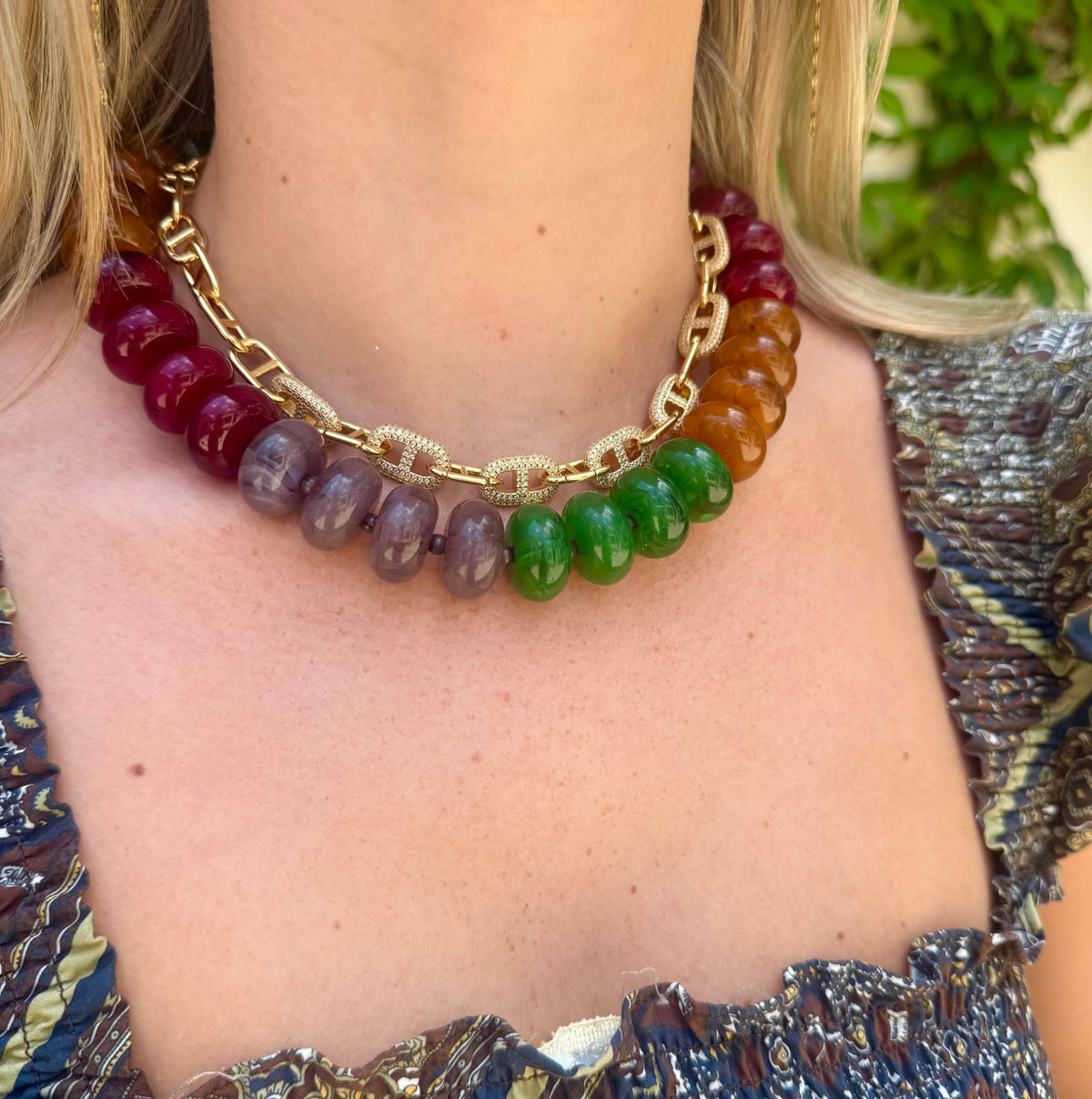 Gemelli Carissa Chunky Beaded Necklace- Maroon Green Mix