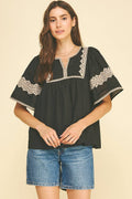 BOHO EMBROIDRED PUFF SLEEVE BLOUSE BLACK