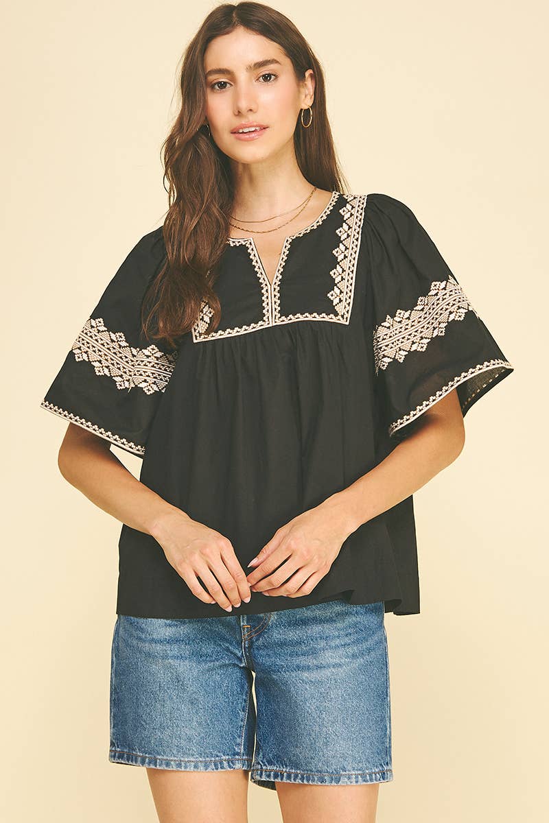 BOHO EMBROIDRED PUFF SLEEVE BLOUSE BLACK