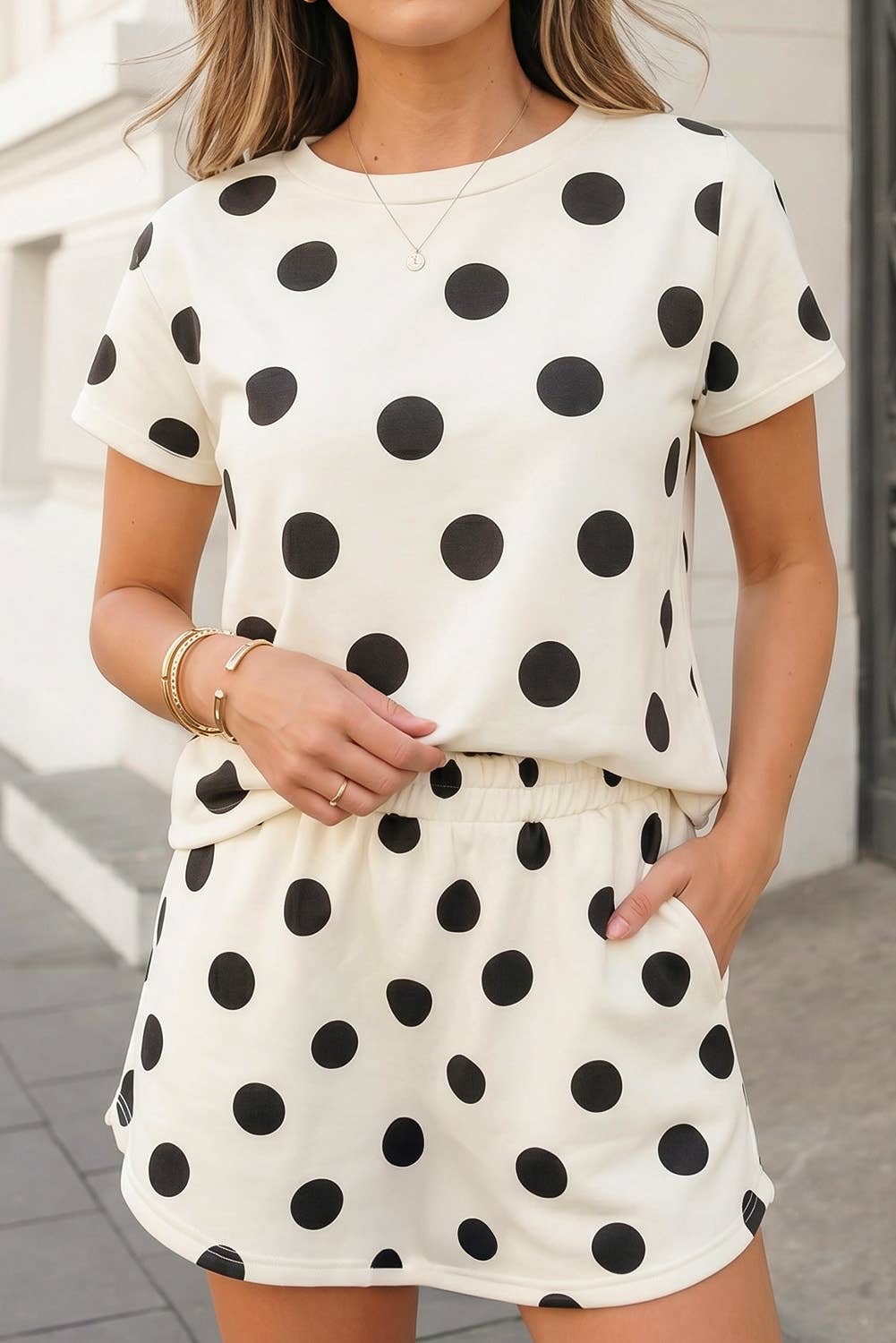 Polka Dot Print Short Sleeve Top 2pcs Skirt Set