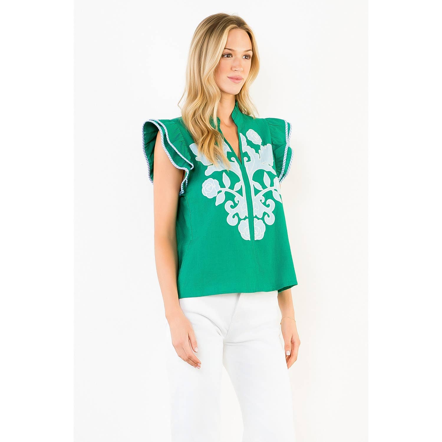 Embroidered Top With Ruffled Stripe Sleeves Green