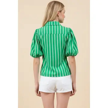 Striped Puff Sleeve Collared Blouse