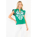 Embroidered Top With Ruffled Stripe Sleeves Green