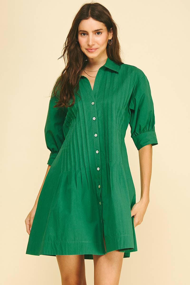 Pintucked Mini Dress Green