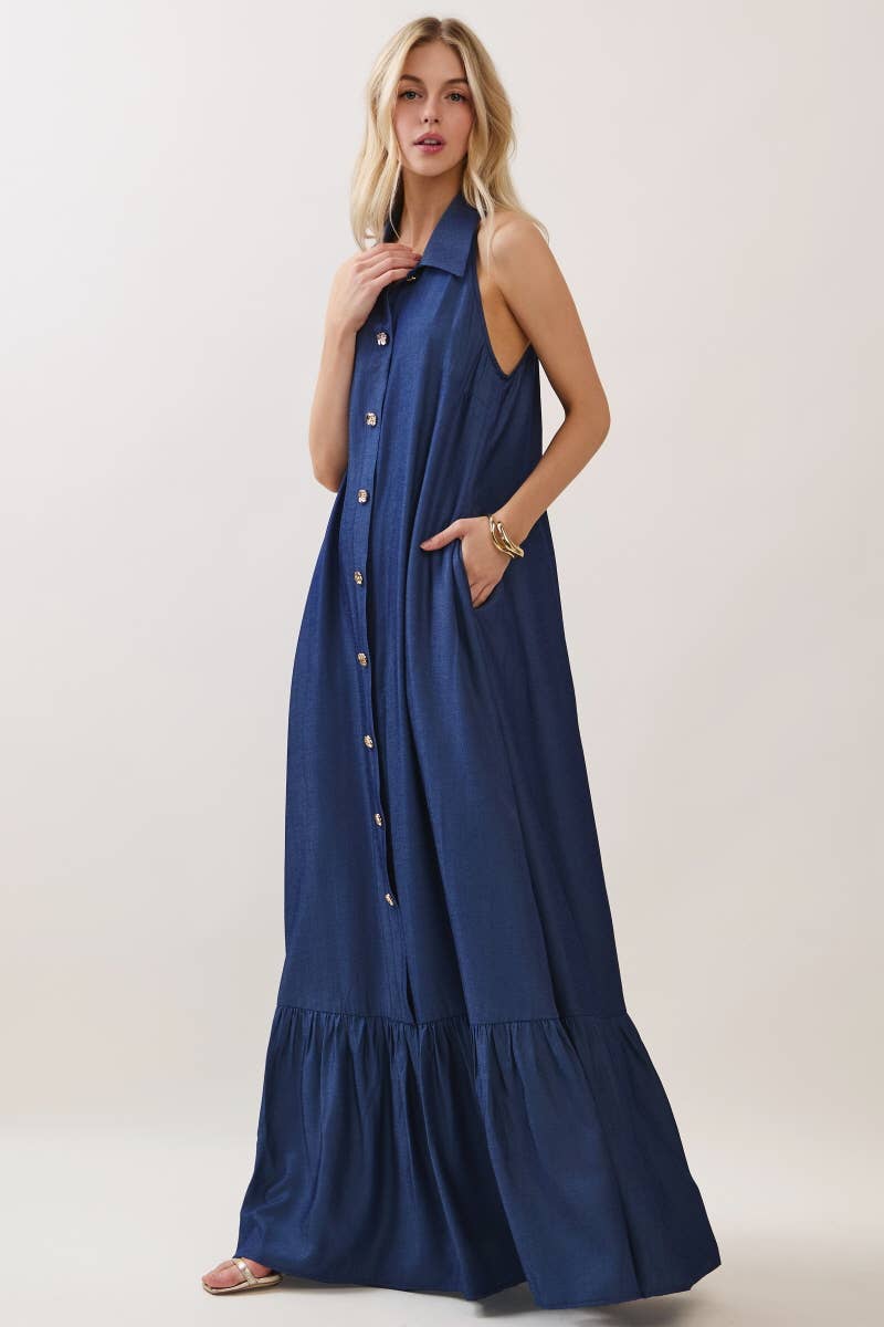 Solid Sleeveless Button Down Maxi Dress Denim Blue