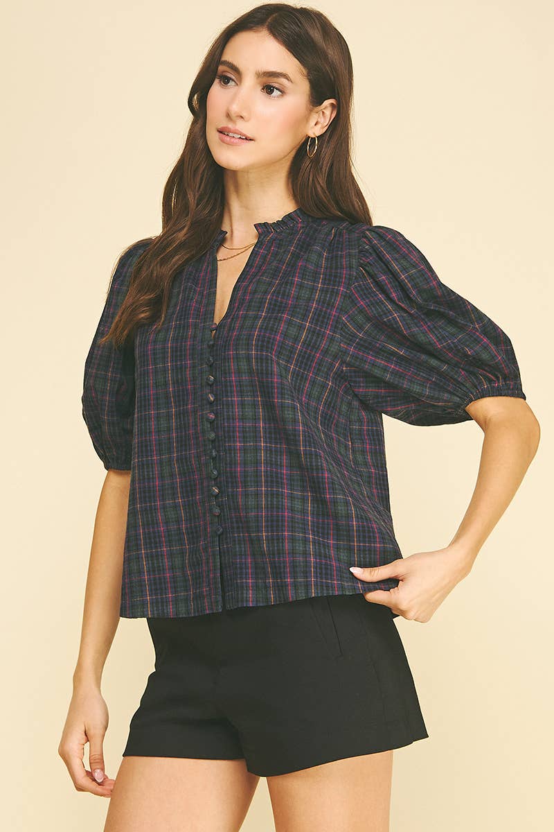 PLAID PUFF SLEEVE BLOUSE