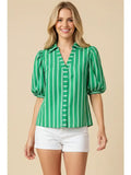 Striped Puff Sleeve Collared Blouse