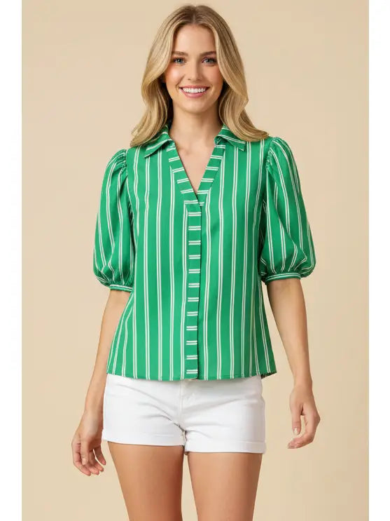 Striped Puff Sleeve Collared Blouse