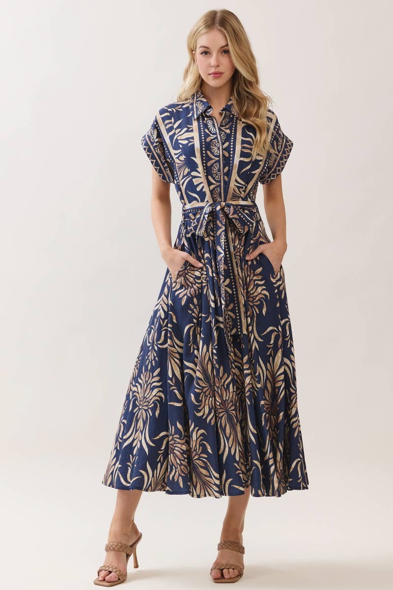 Boarder Print Button Down Maxi Dress Navy