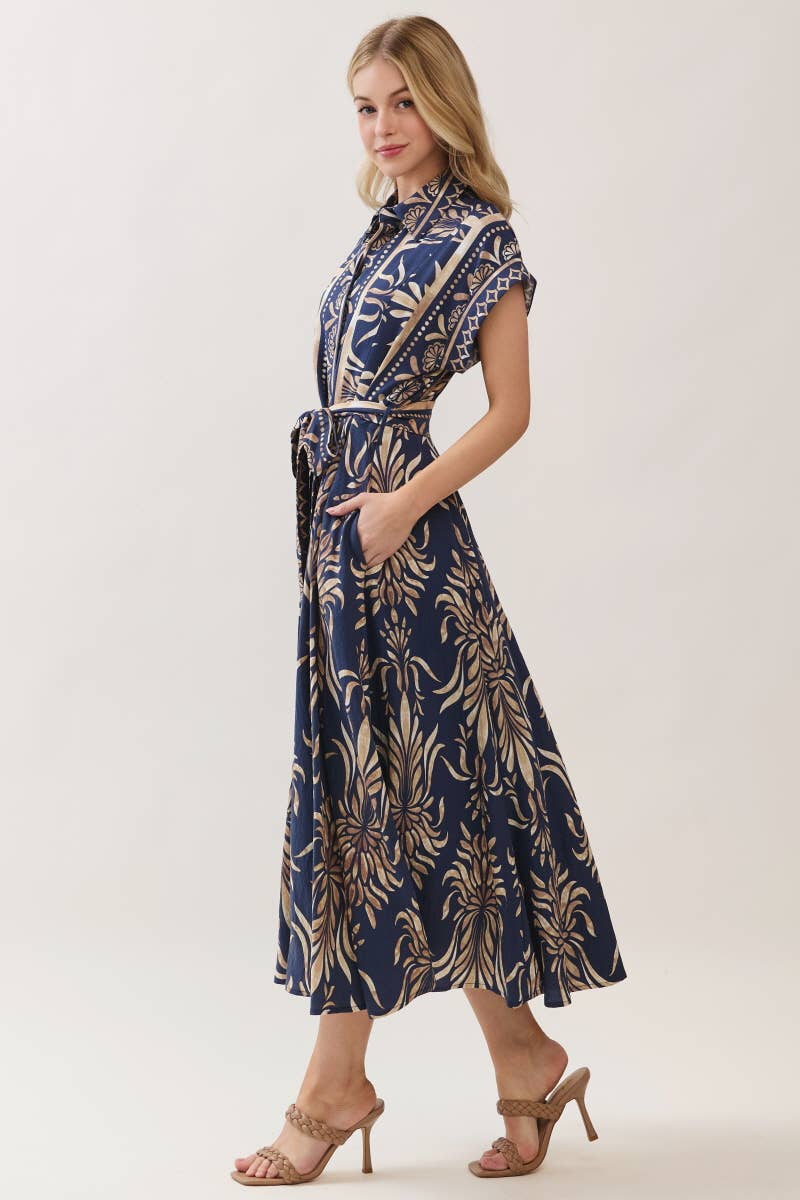 Boarder Print Button Down Maxi Dress Navy
