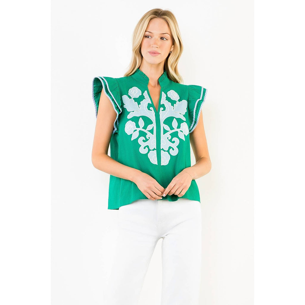 Embroidered Top With Ruffled Stripe Sleeves Green