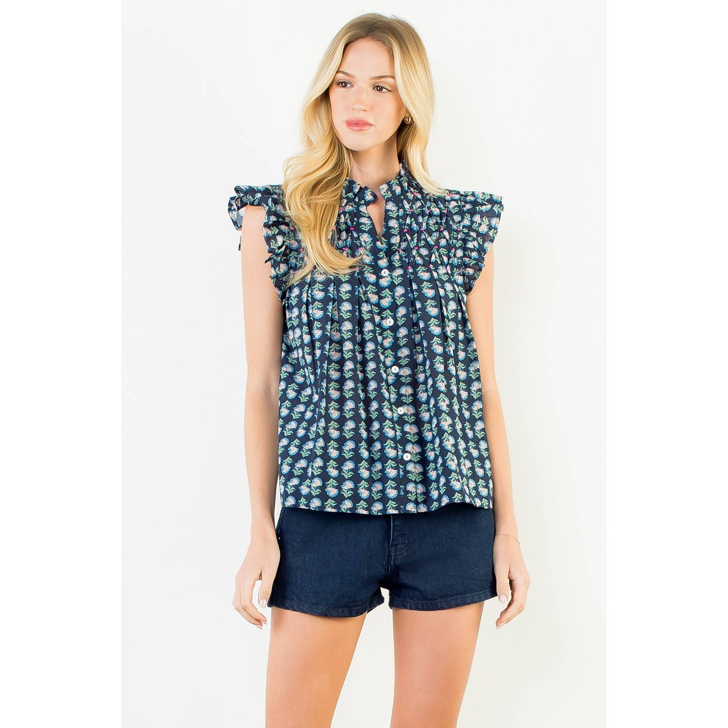 Flutter Sleeve Button Top Navy