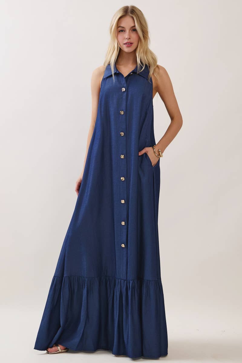 Solid Sleeveless Button Down Maxi Dress Denim Blue