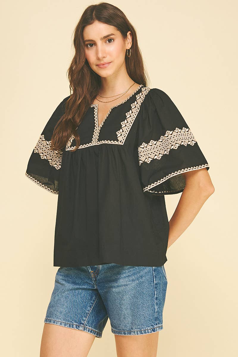 BOHO EMBROIDRED PUFF SLEEVE BLOUSE BLACK