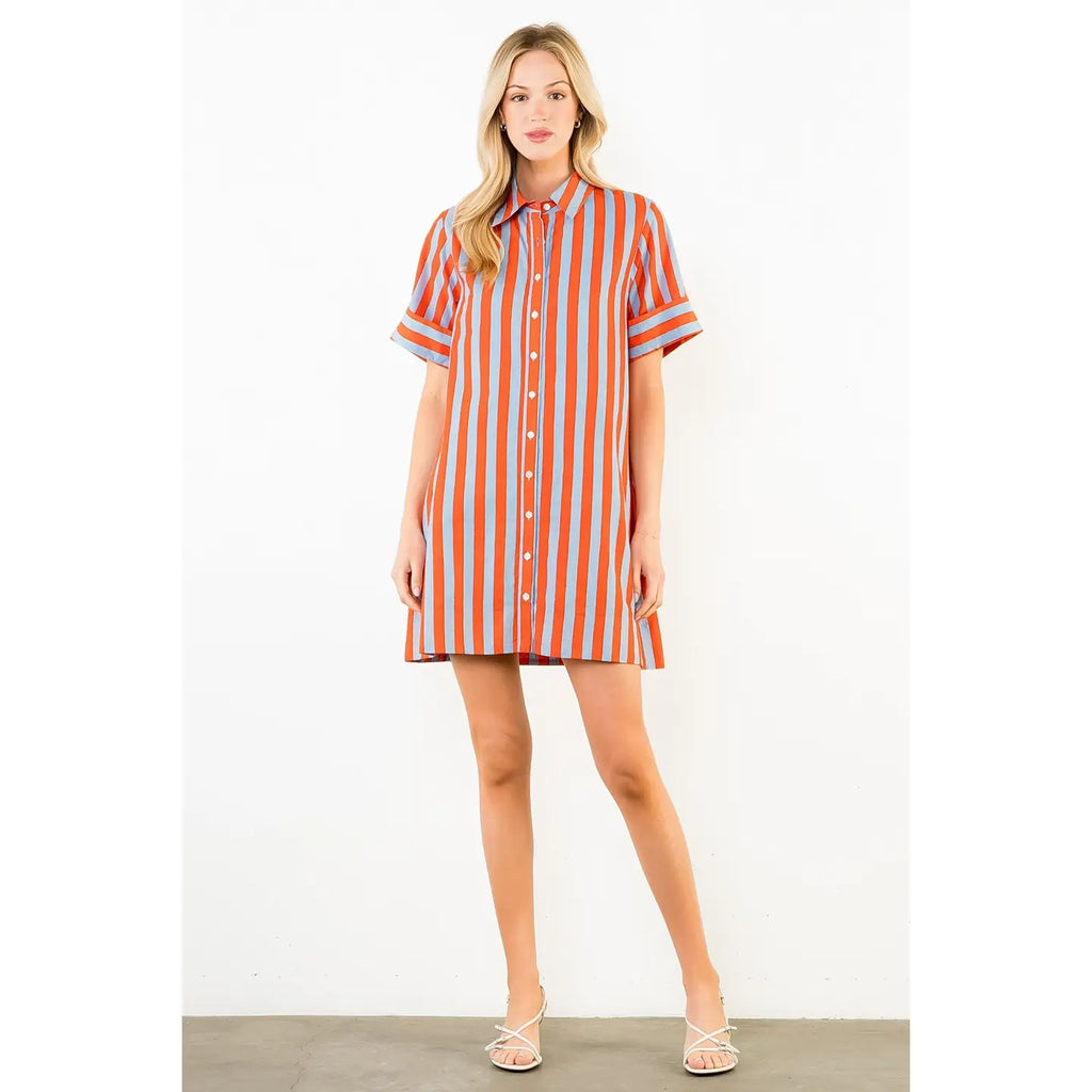 Short Sleeve Striped Button Up Dress