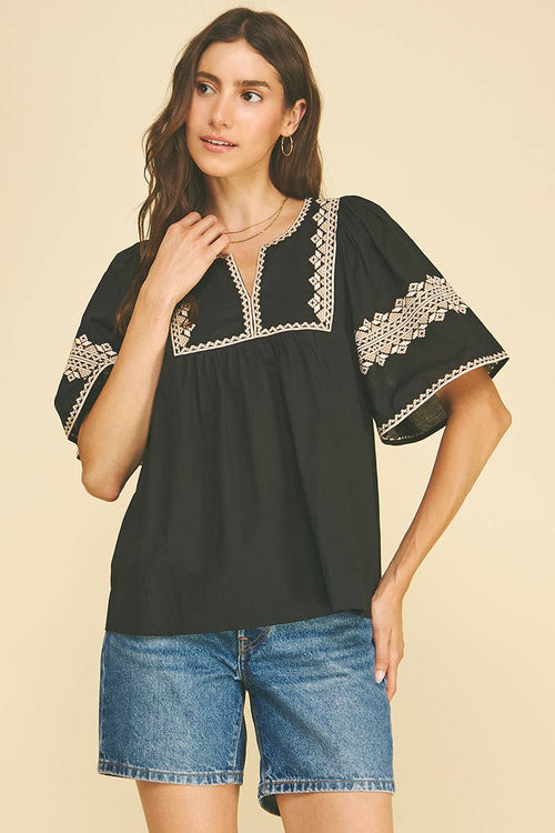 BOHO EMBROIDRED PUFF SLEEVE BLOUSE BLACK