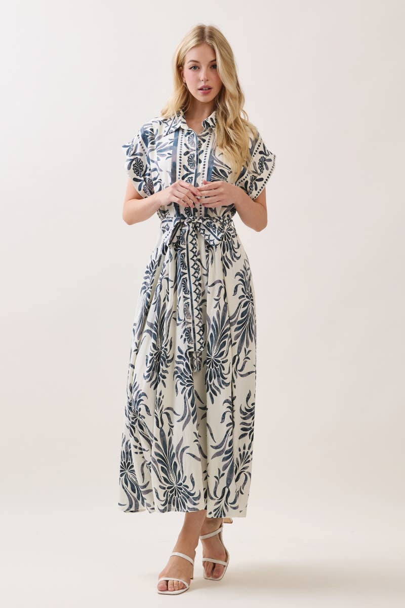 Boarder Print Button Down Maxi Dress Blue