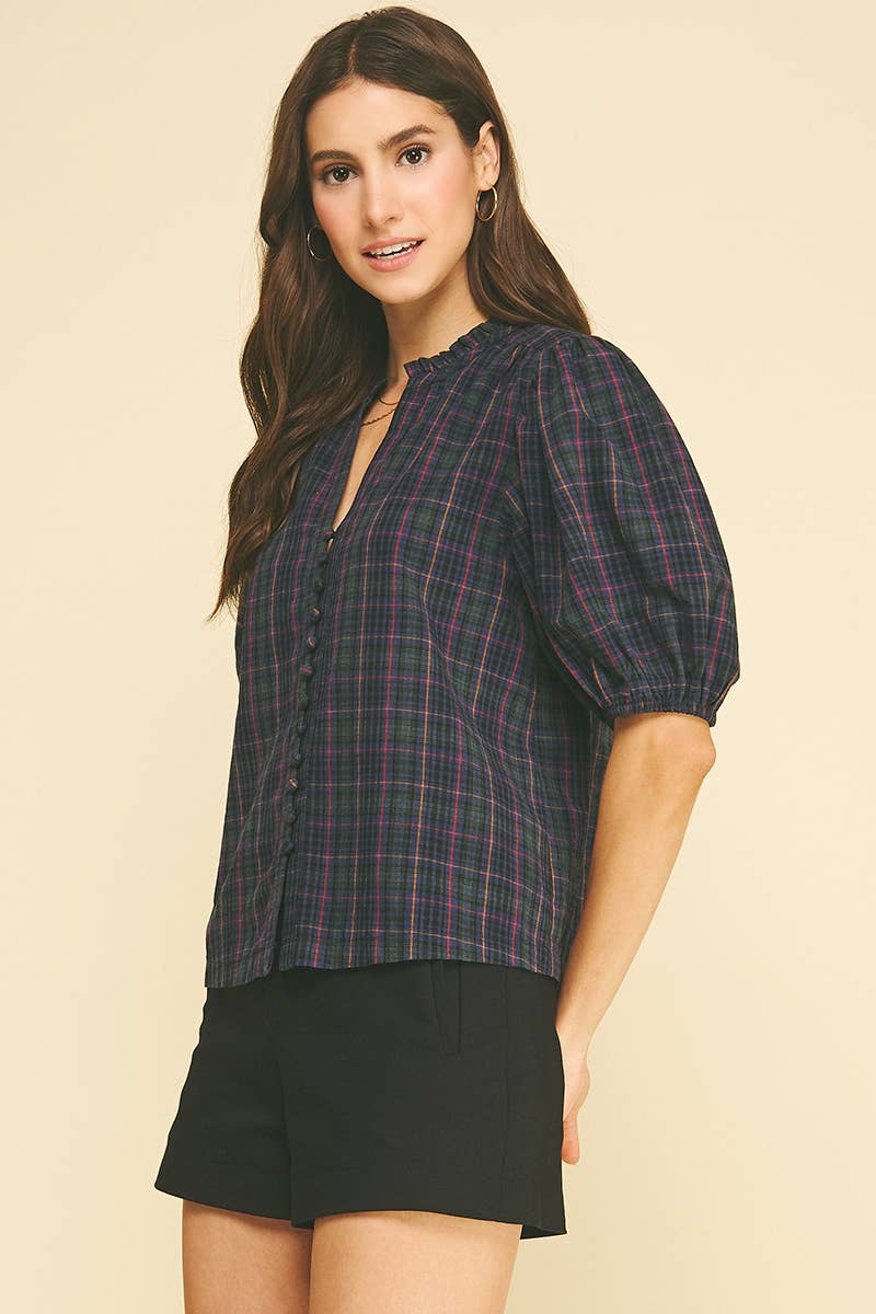 PLAID PUFF SLEEVE BLOUSE