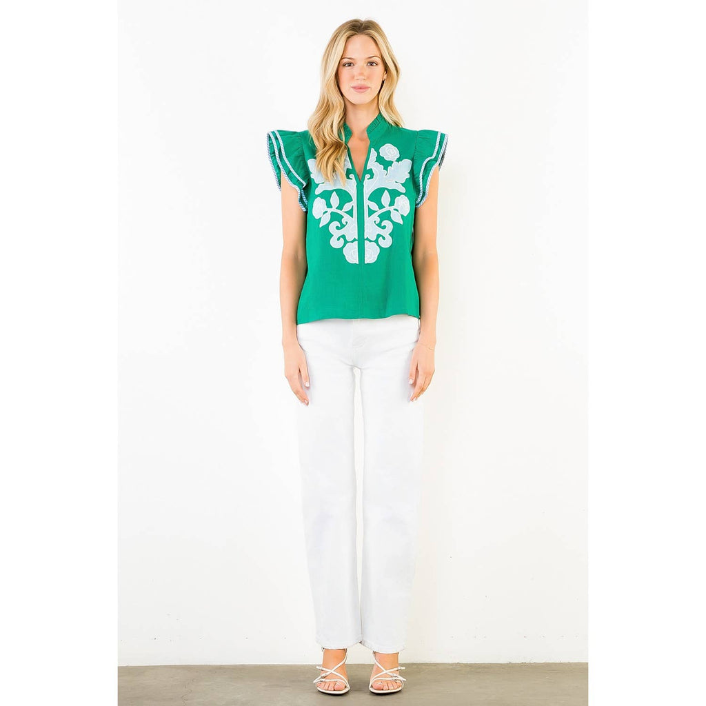 Embroidered Top With Ruffled Stripe Sleeves Green