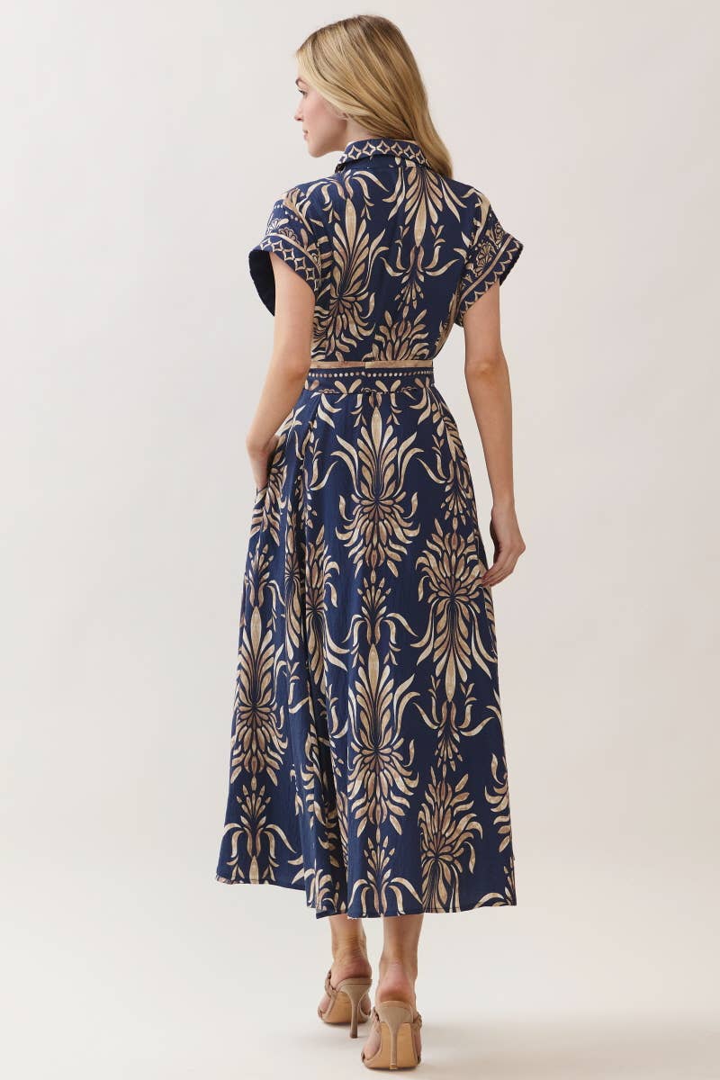 Boarder Print Button Down Maxi Dress Navy