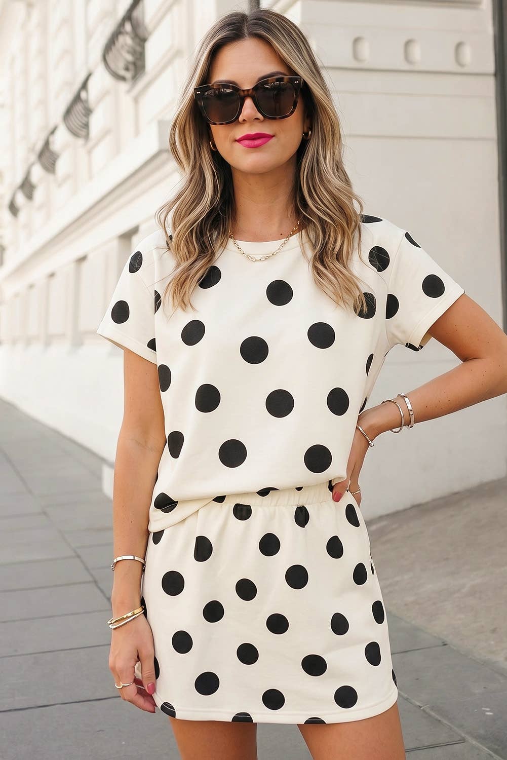 Polka Dot Print Short Sleeve Top 2pcs Skirt Set