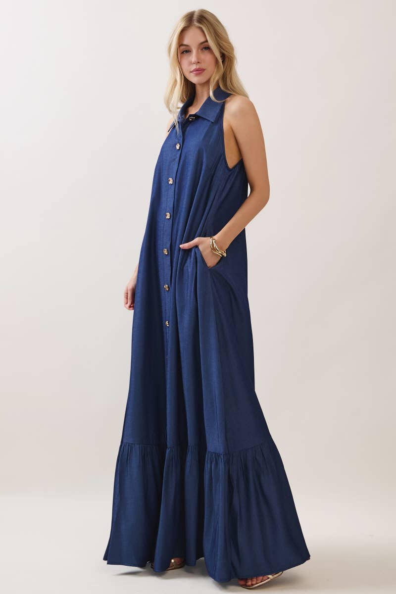 Solid Sleeveless Button Down Maxi Dress Denim Blue