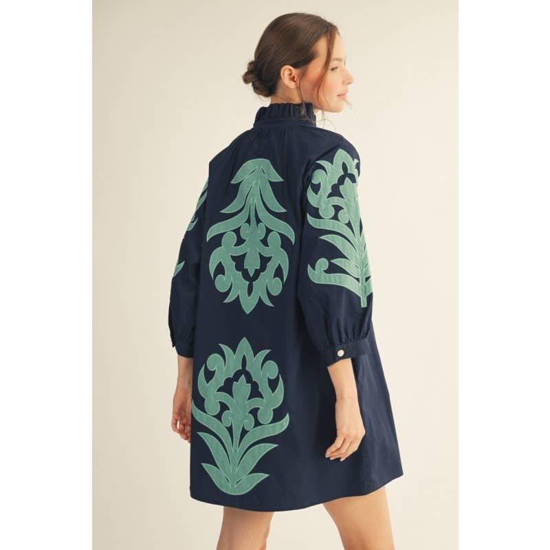 Floral Applique Shift Dress Navy/Green