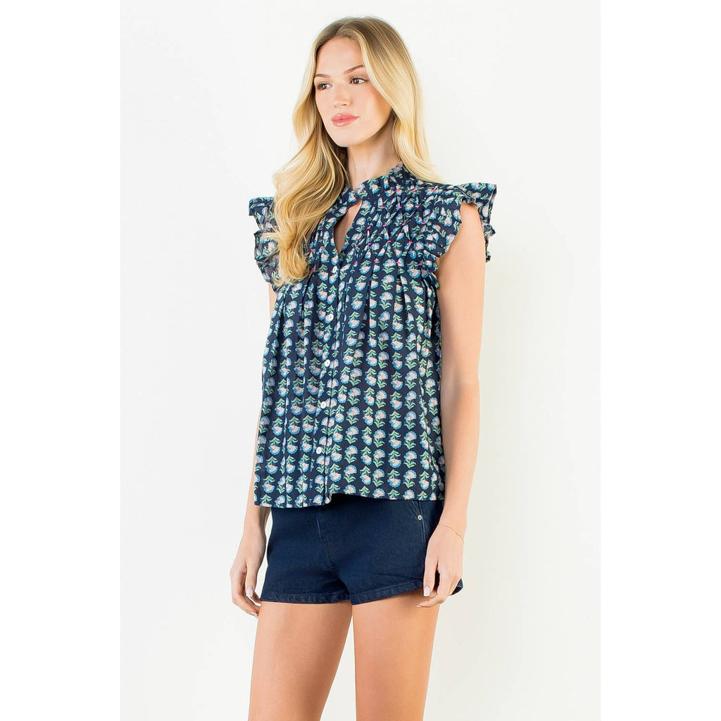 Flutter Sleeve Button Top Navy